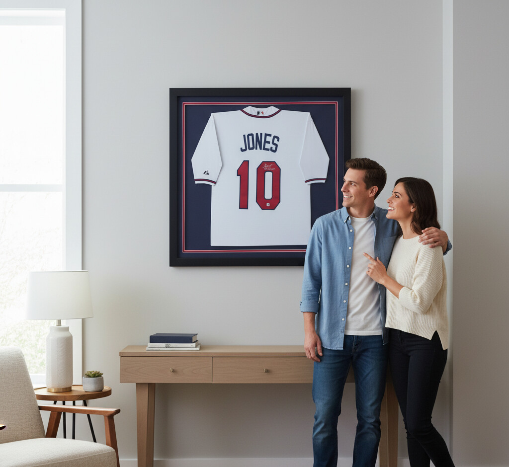 Deep matte black jersey display frame with navy blue and red team color triple matting showcasing autographed baseball jersey