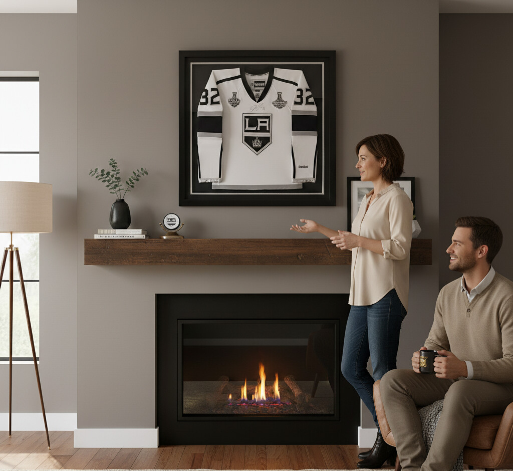 Sports memorabilia frame wall