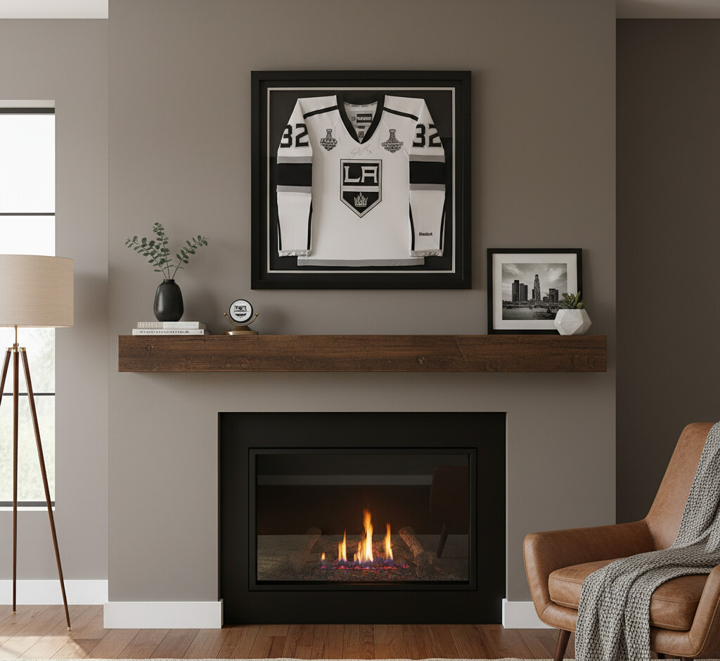 Framed hockey jersey on wall in man cave