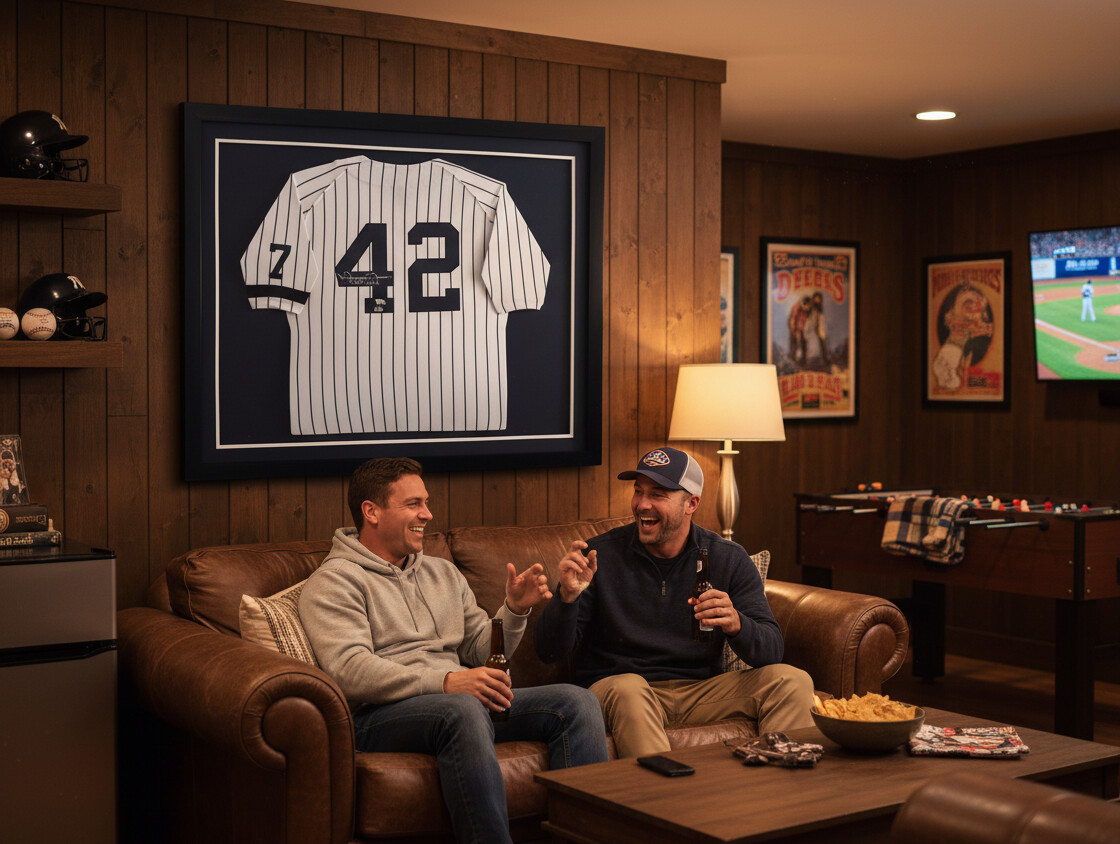 Autographed Dallas Cowboys jersey frame in extra deep white shadowbox with 2 inch capacity, displaying signed #8 AIKMAN NFL jersey with navy and silver triple matting in elegant living room